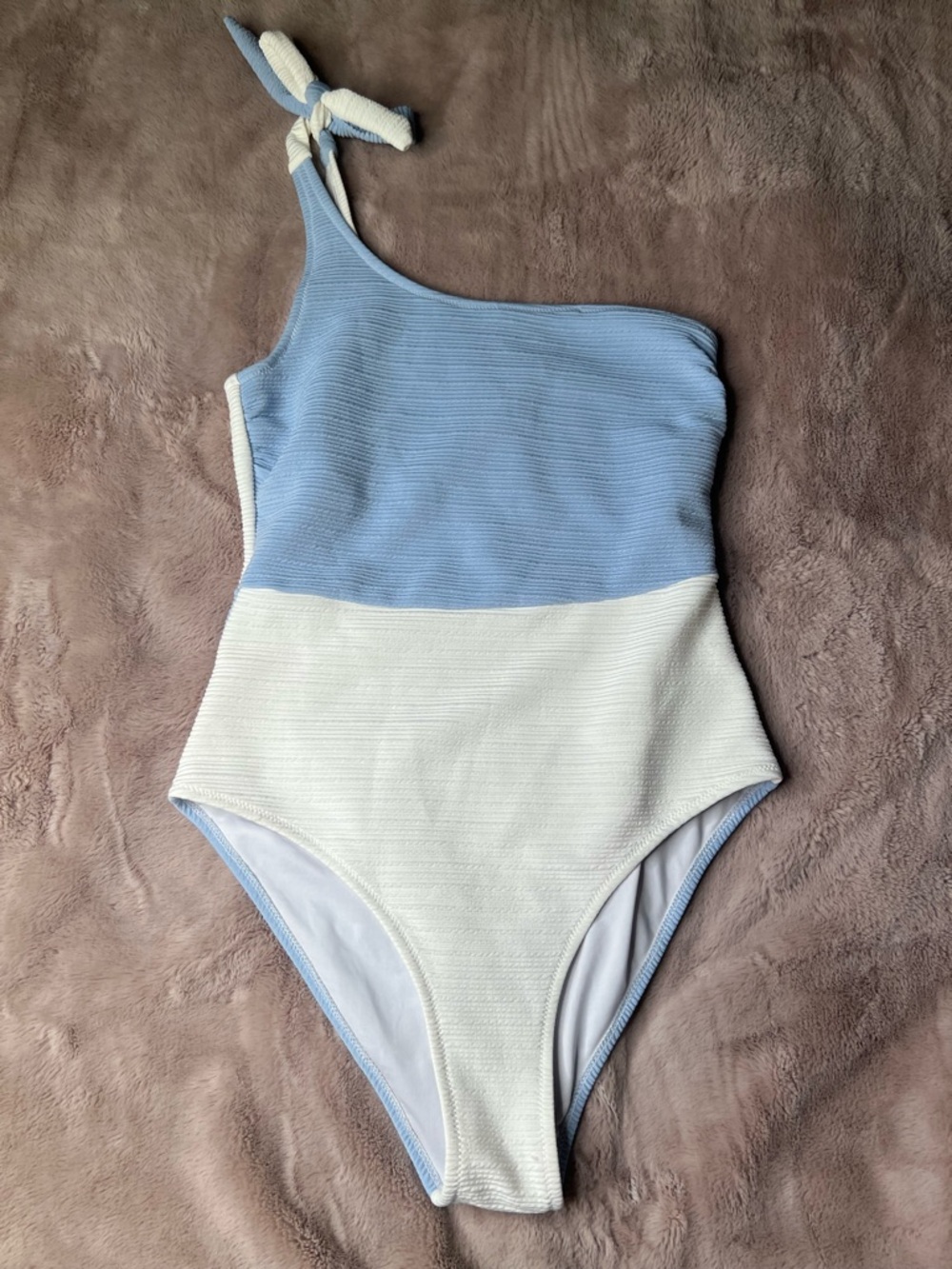 One-Shoulder Two-Tone Blue and White Textured Swimsuit